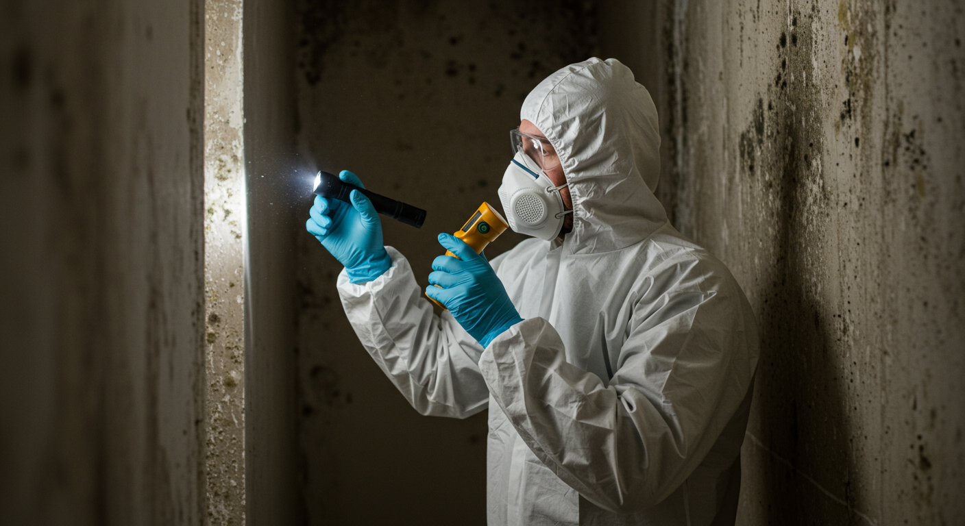A professional mold inspector wearing protective gear carefully examining a wall with visible mold spots.