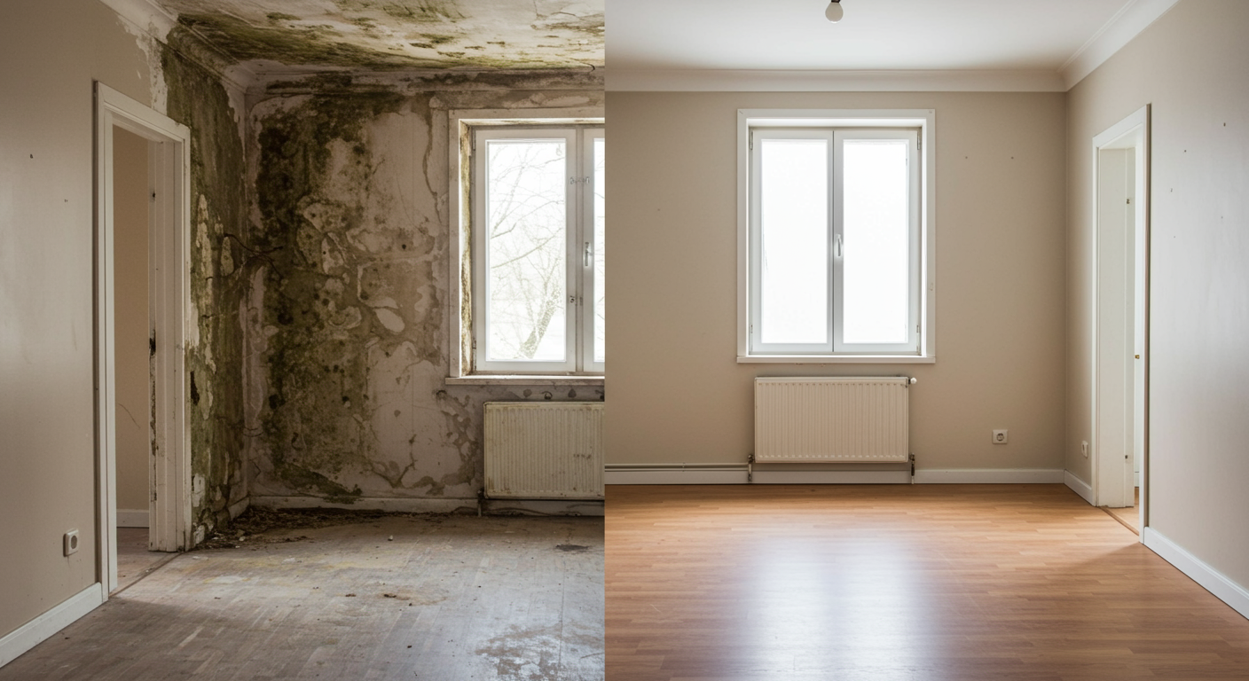 A split image showcasing a room before and after mold removal, with the left side displaying visible mold and the right side showing a clean, mold-free environment.