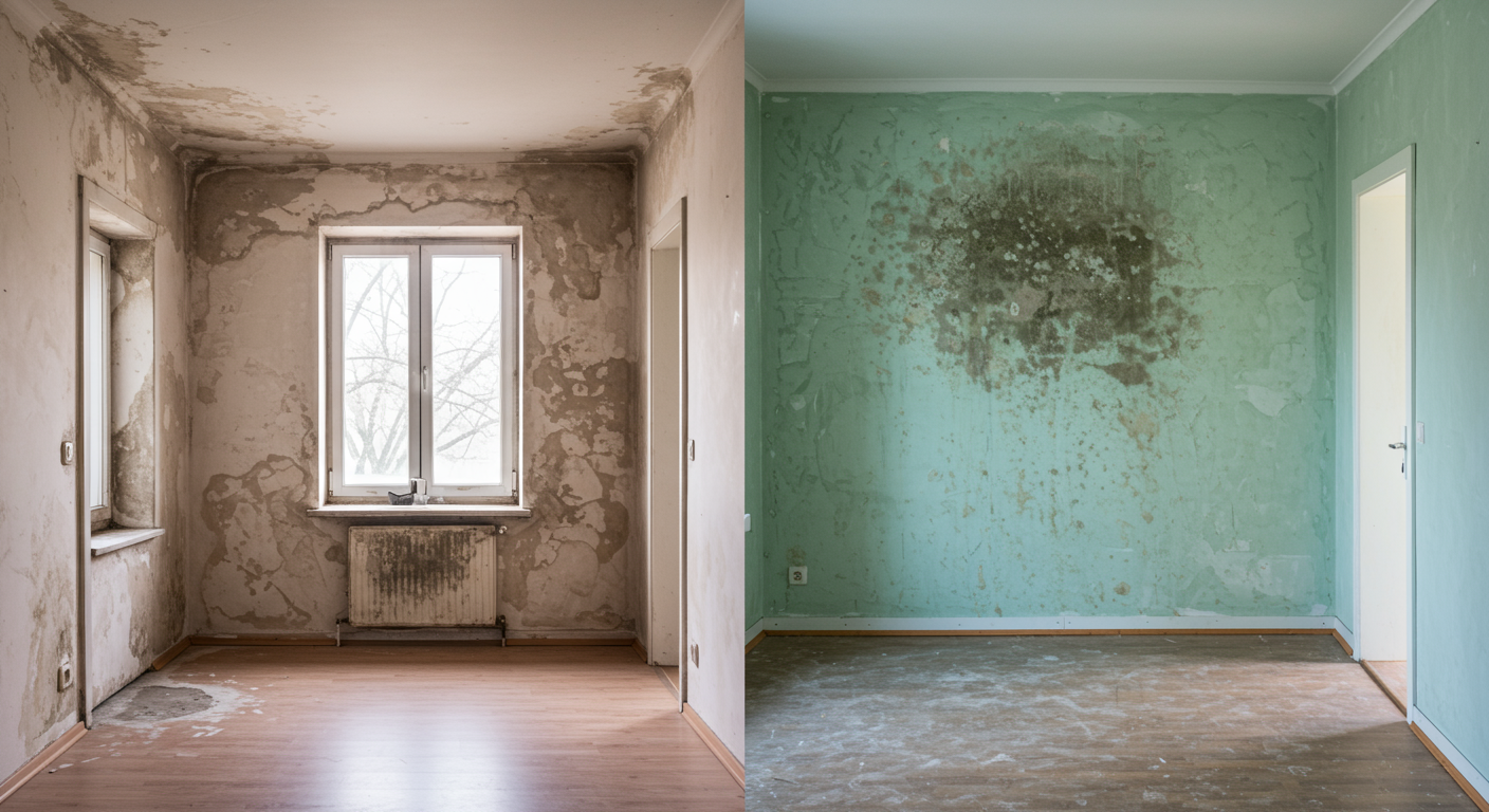Before and after comparison of a room affected by mold, showing the transformation from a contaminated space to a clean, safe environment. This visual highlights the effectiveness of professional mold remediation services.