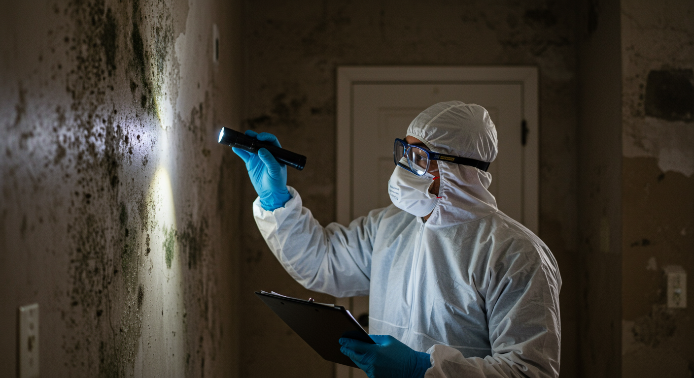 A professional mold inspector examining a home’s interior with a flashlight, highlighting visible mold patches on the walls. The inspector is wearing protective gear, including gloves and a mask.