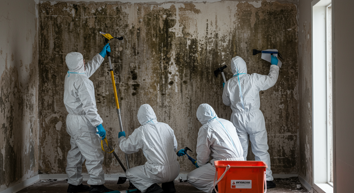 A team of professionals in protective suits is actively removing mold from a wall, showcasing the remediation process with tools and equipment.