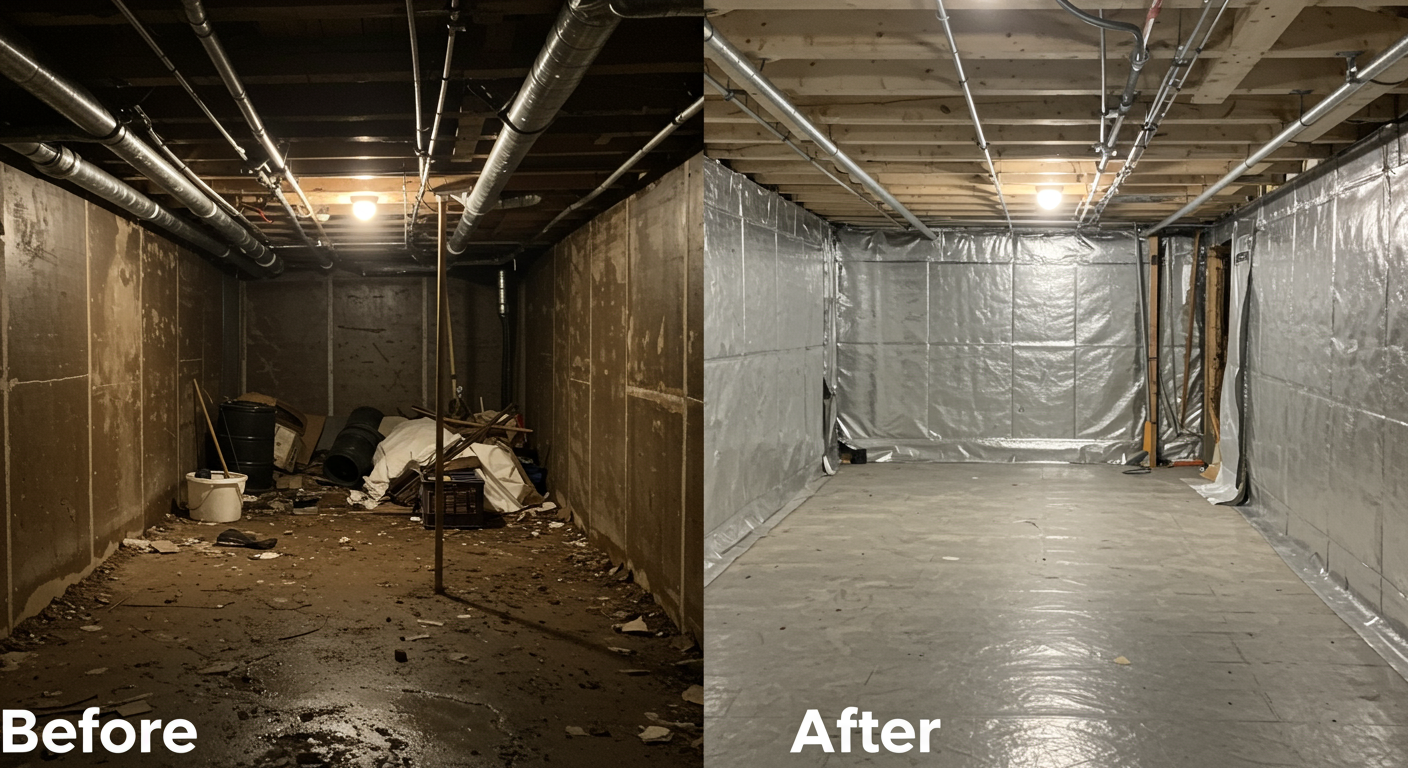 A side-by-side comparison of a crawl space before and after encapsulation. The 'before' side is dark, damp, and cluttered with debris, while the 'after' side is bright, clean, and fully encapsulated with a vapor barrier. The contrast highlights the transformation.