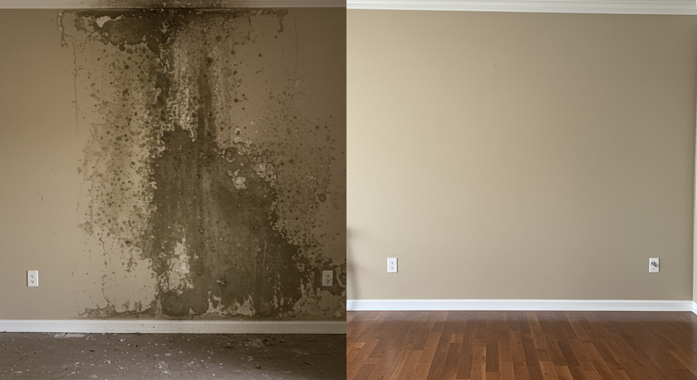 A split-screen image showing a mold-infested wall on one side and the same wall fully restored and clean after remediation. The setting is a typical suburban home in Sugar Land, TX.