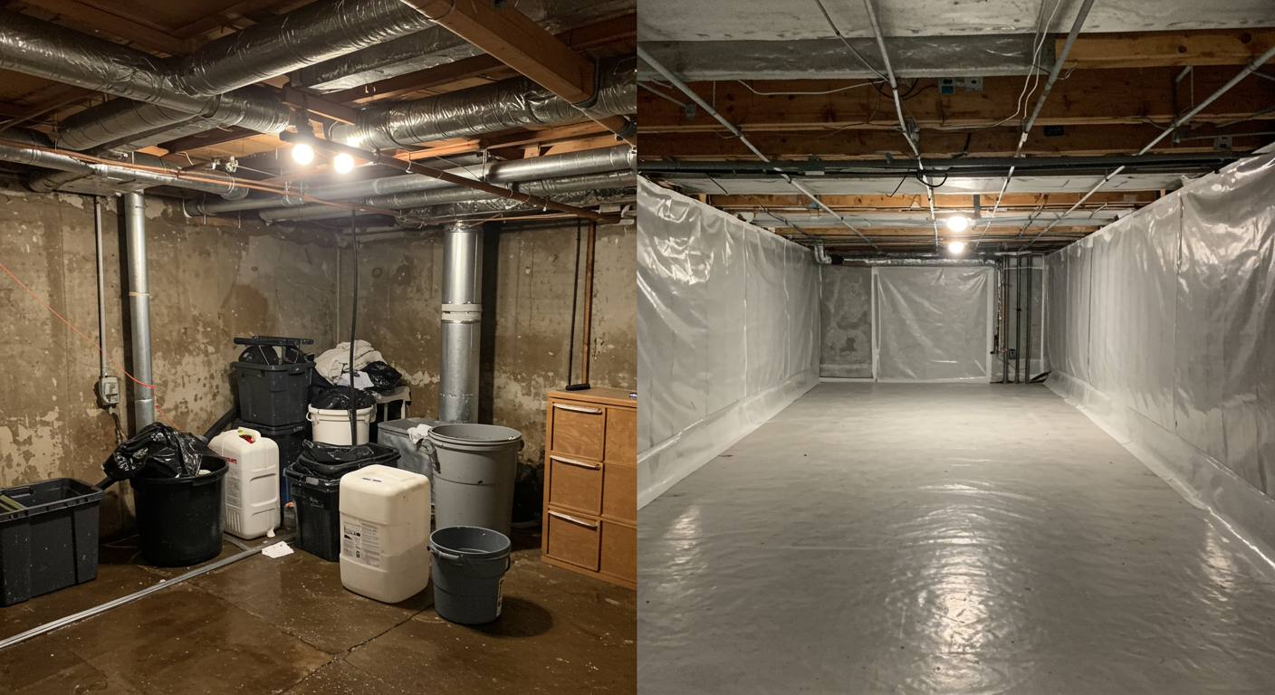 A split image showing a damp, cluttered crawl space on the left and a clean, encapsulated crawl space on the right. The encapsulated side features a pristine vapor barrier and improved lighting.