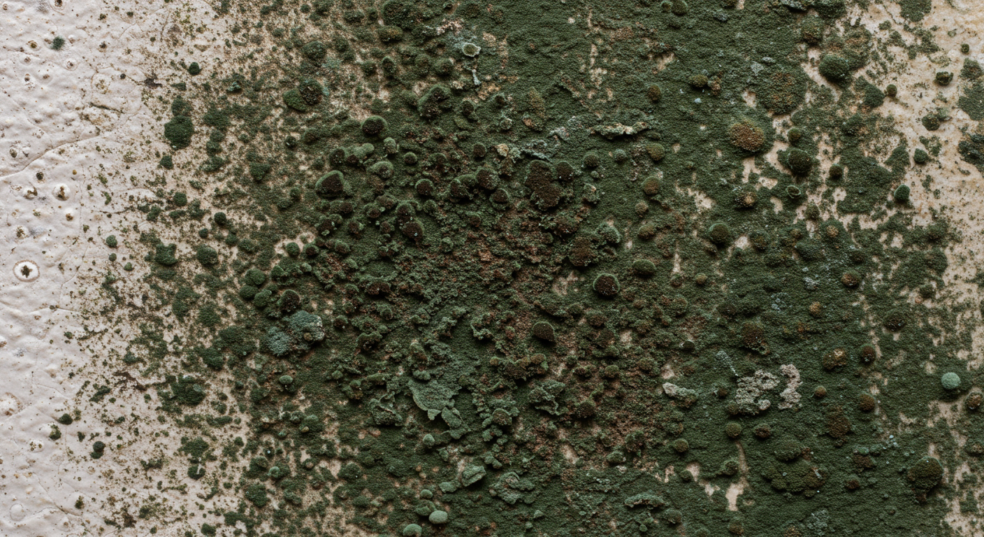 A close-up view of mold growth on a wall, showcasing the different colors and textures of mold.