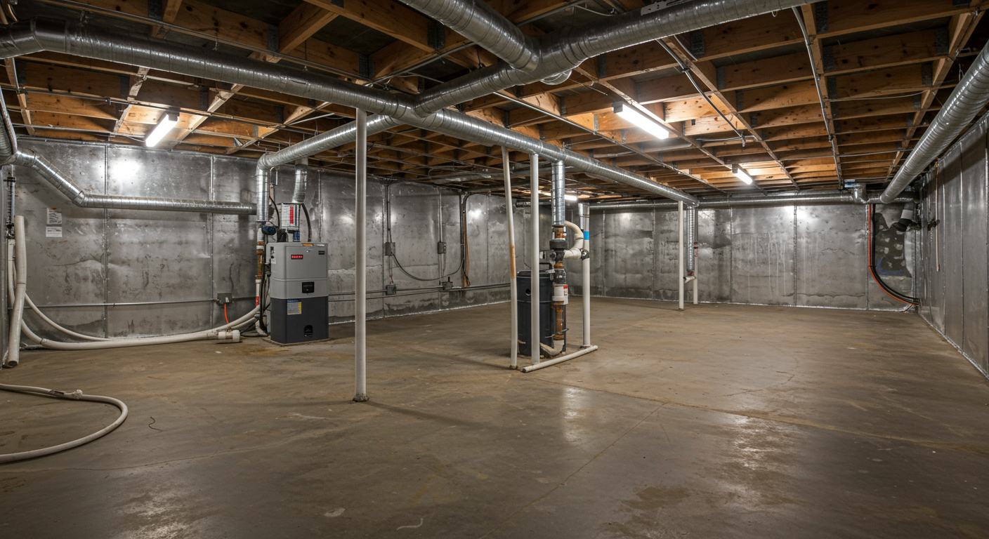 A wide-angle view of a completed crawl space encapsulation project in a Conroe, TX home. The space is clean, dry, and well-lit, with a dehumidifier and drainage system visible, showcasing the benefits of encapsulation.