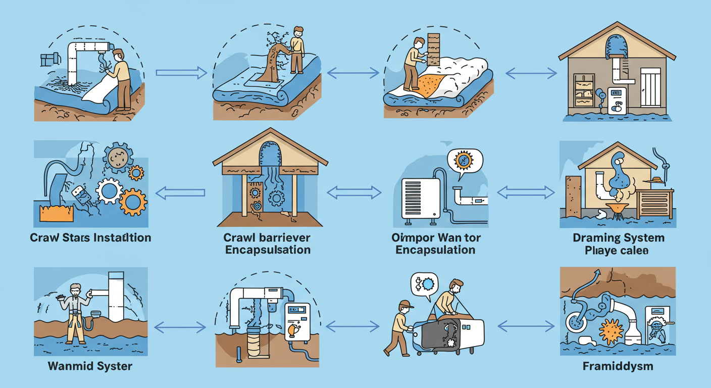 A visual infographic illustrating the step-by-step process of crawl space encapsulation, including vapor barrier installation, dehumidifier setup, and drainage system placement.
