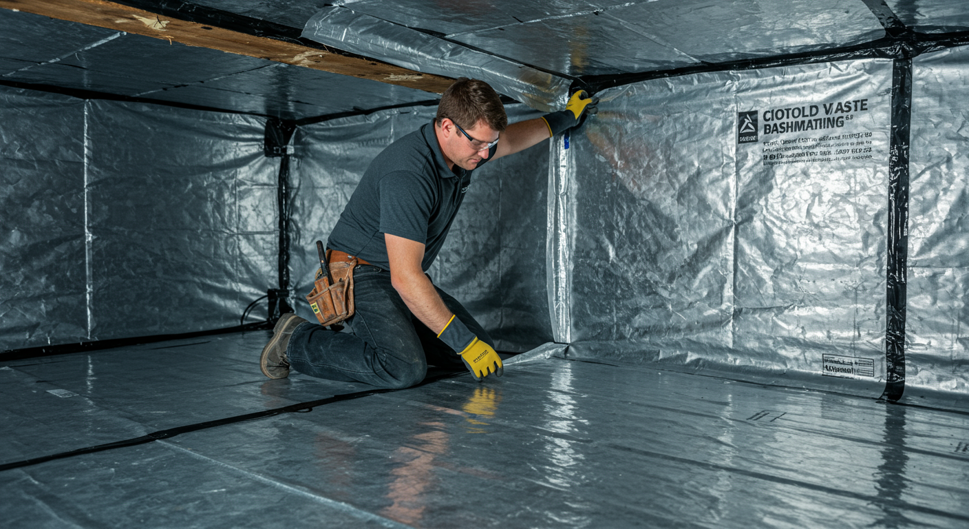 A professional worker installing a vapor barrier in a crawl space. The worker is wearing protective gear and carefully sealing the edges.
