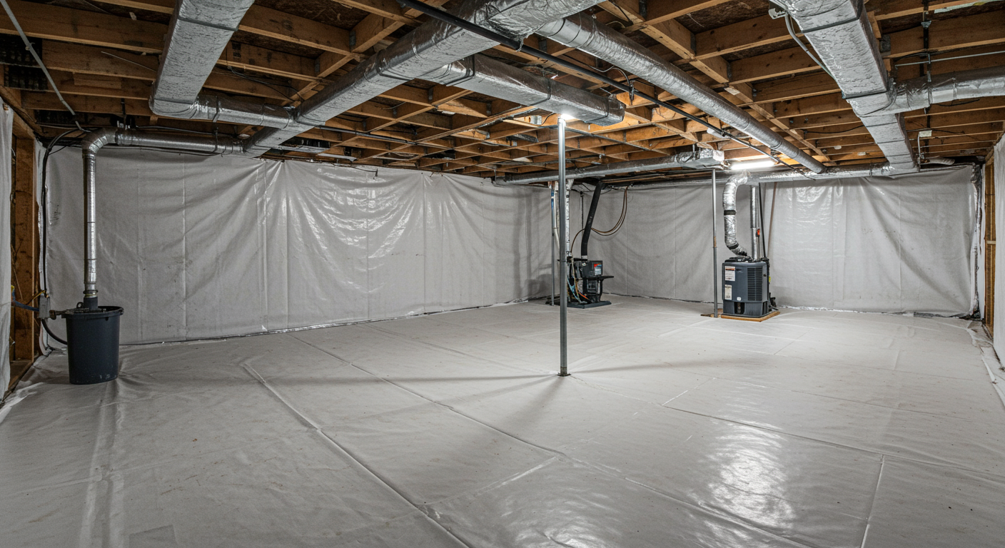 A wide-angle shot of a fully encapsulated crawl space in Pearland, TX. The image features a pristine white vapor barrier covering the ground and walls, with a dehumidifier and sump pump visible in the corner. The space is well-lit and appears dry and secure, emphasizing the effectiveness of professional encapsulation.