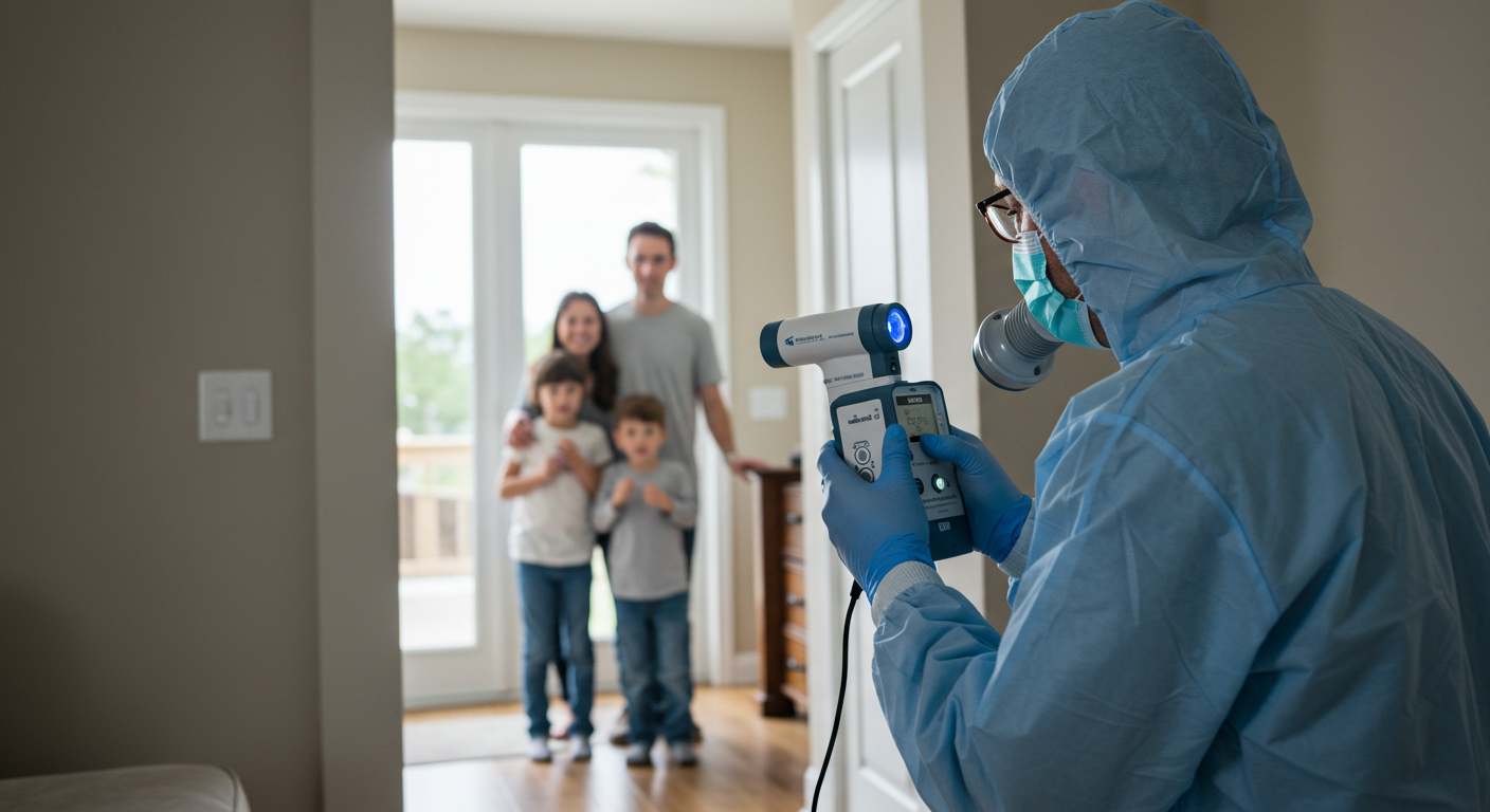 A technician conducting air quality testing inside a home. The scene captures the technician using specialized equipment to measure air quality, with a family observing in the background, highlighting the importance of healthy indoor environments.