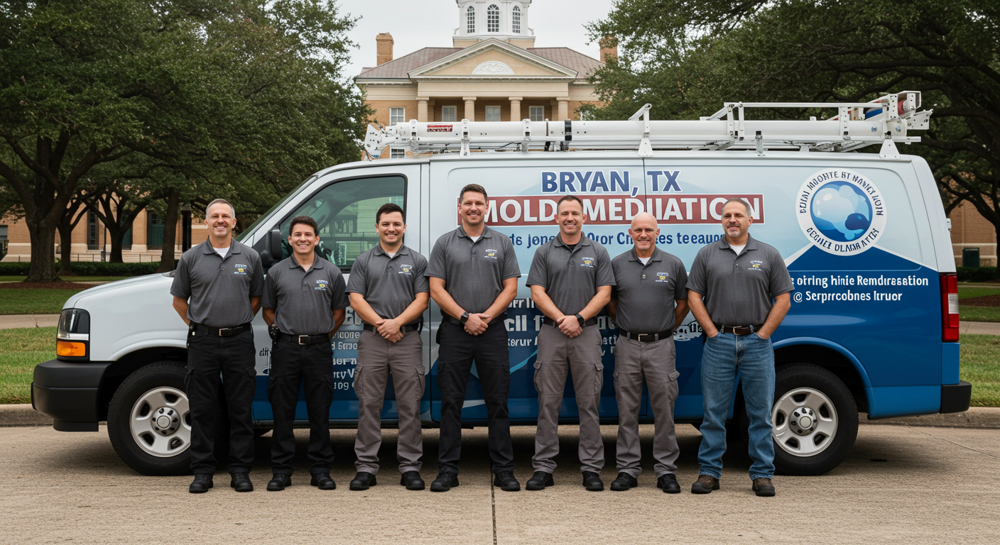 A group of friendly, professional mold remediation experts standing in front of a service van with 'Bryan, TX Mold Remediation' branding. The background features a recognizable Bryan, TX landmark, such as the Brazos County Courthouse.