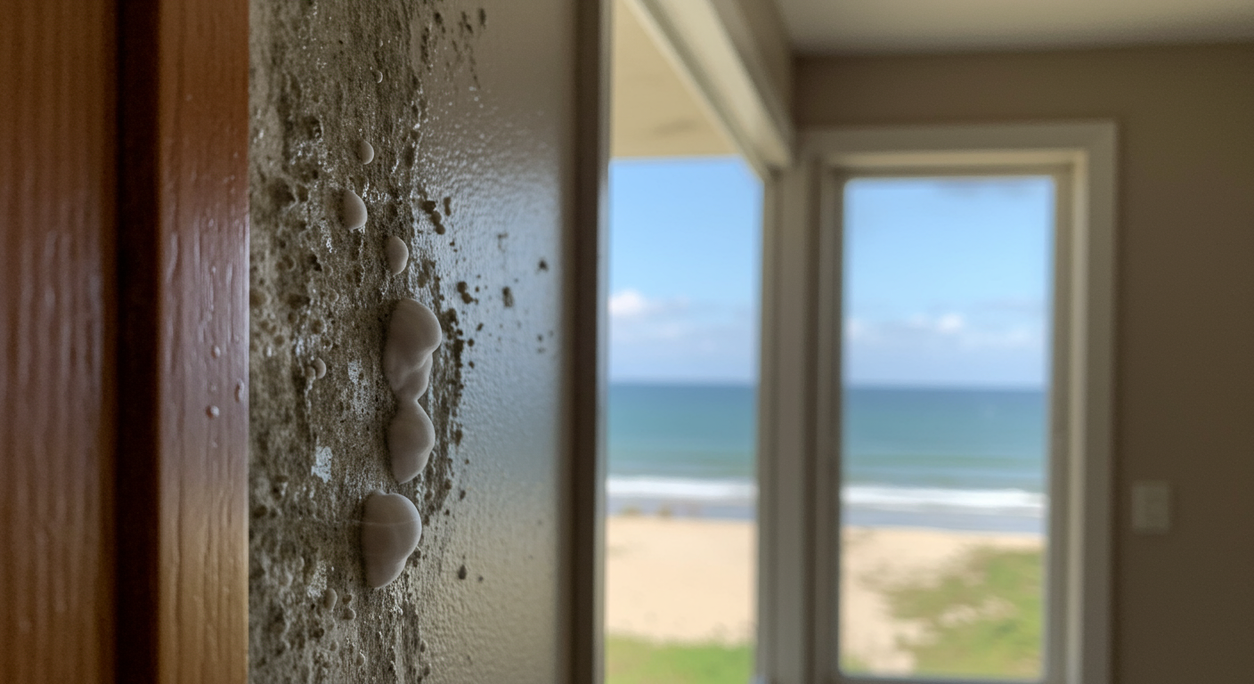 A close-up of mold growth on a wall in a coastal Galveston home, showcasing the impact of the humid climate.