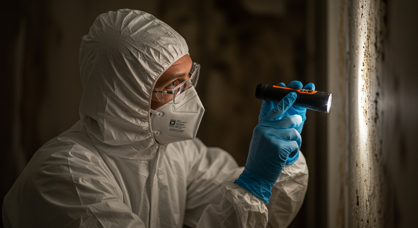 Certified mold remediation expert inspecting mold growth in Texas City, TX.