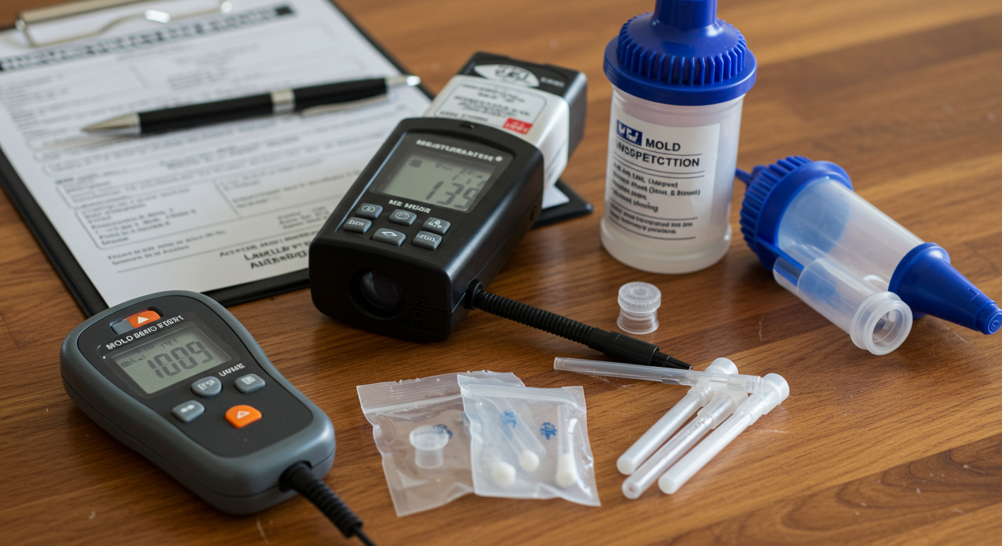 A close-up view of essential tools used in mold inspections, such as a moisture meter, thermal imaging camera, air sampling pump, and swab test kits.
