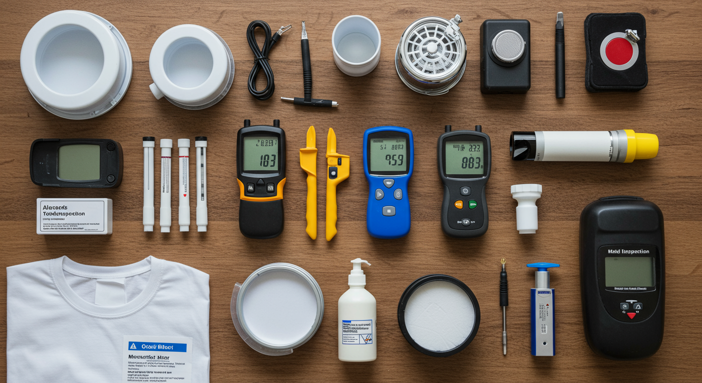 A flat lay of professional mold inspection tools, including a moisture meter, air quality testing kit, and protective gear, arranged neatly on a wooden surface.