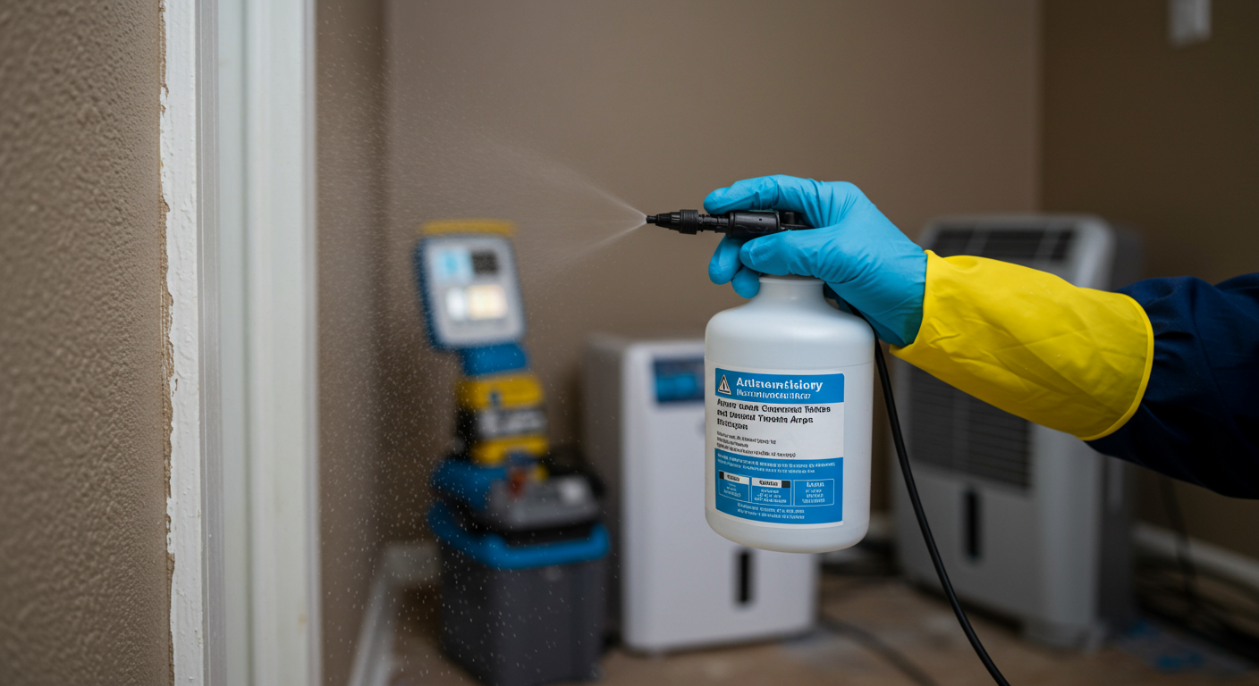 A close-up of a professional applying an antimicrobial spray to a wall in a Missouri City home. The background includes tools like a dehumidifier and a moisture meter, showcasing the prevention aspect of mold remediation.