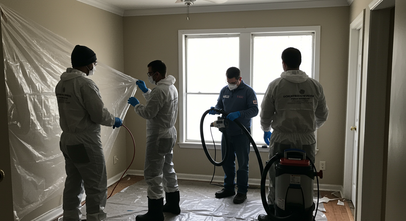 A team of mold remediation experts working together in a Texas City home. One professional is sealing off a room with plastic sheeting, while another is using a HEPA vacuum to clean mold spores.