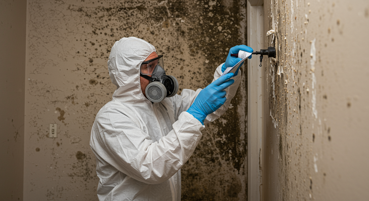 A professional mold remediation technician inspecting a mold-infested wall in Pasadena, TX