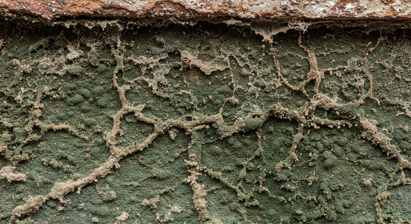 A close-up of mold growth on a damp surface, such as a basement wall or ceiling corner. The image highlights the texture and spread of mold, emphasizing the impact of humidity.