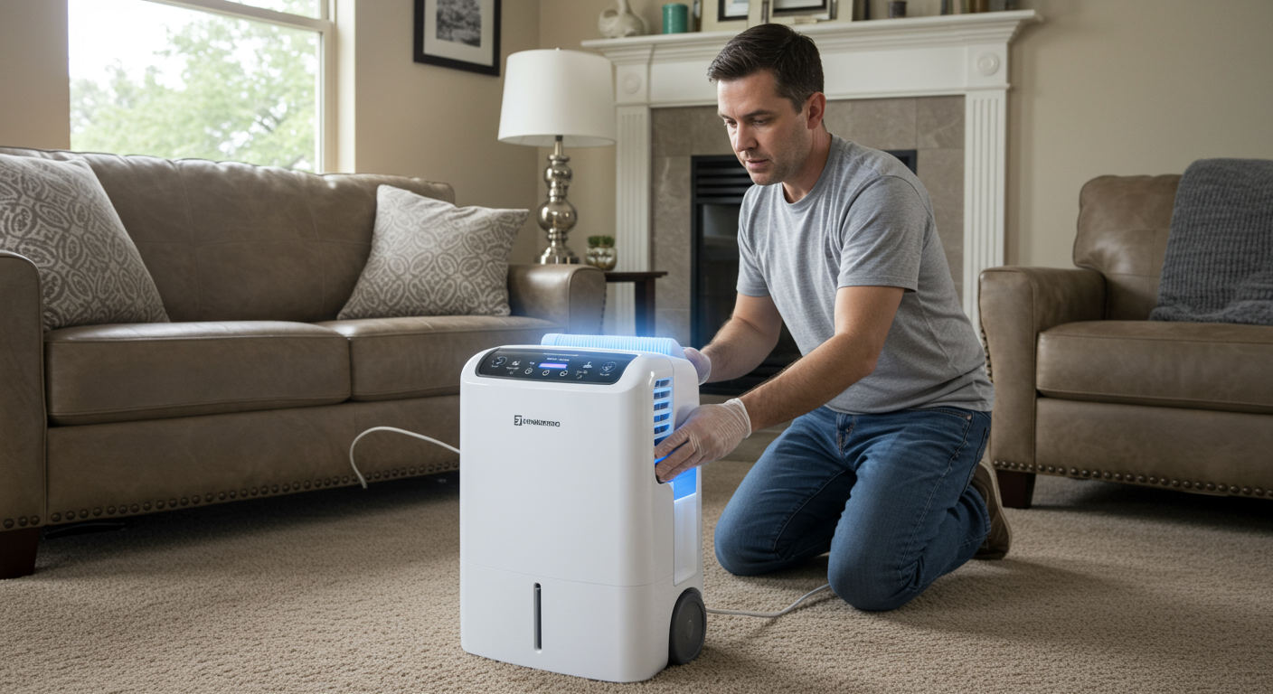 A homeowner in Missouri City, TX, using a dehumidifier in a living room to prevent mold growth. The image shows the dehumidifier in action with a focus on the homeowner's proactive approach.