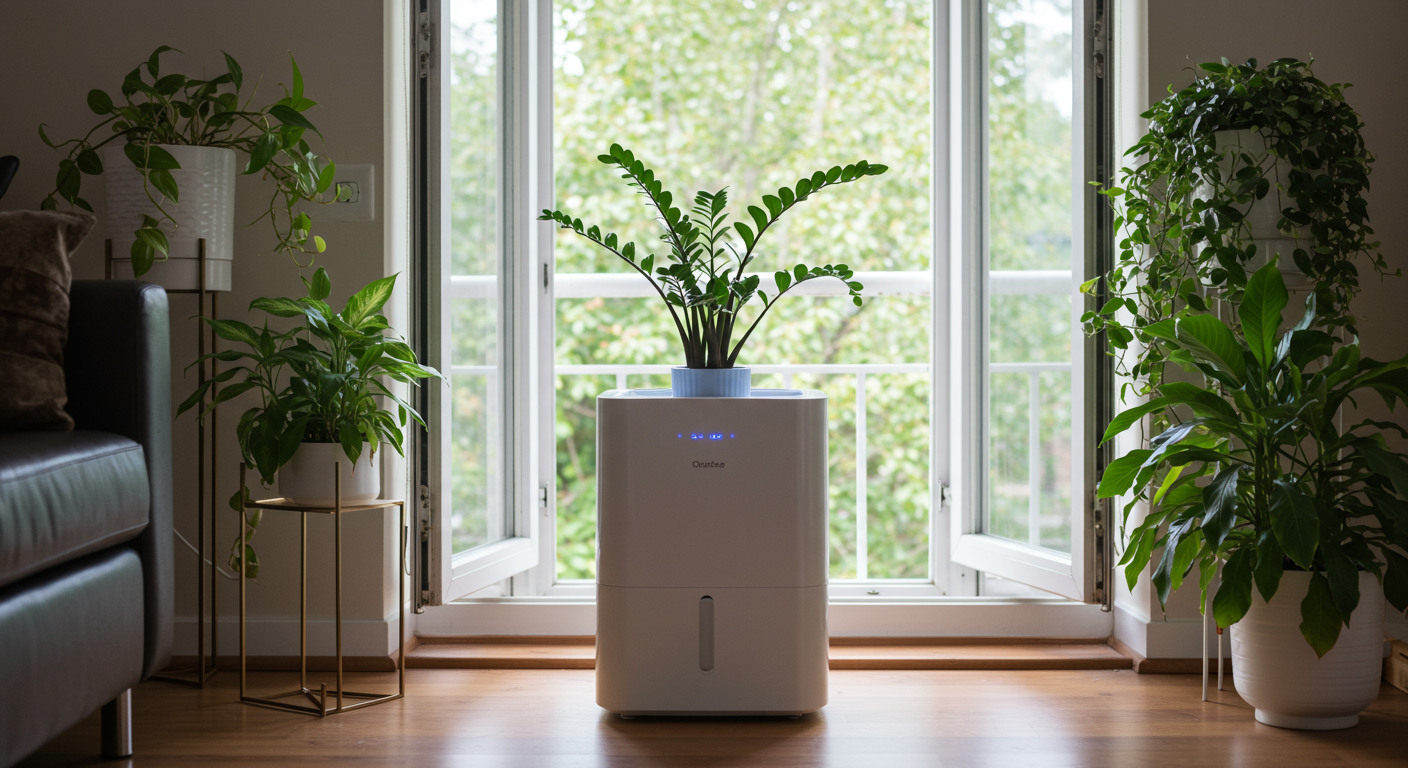 A serene home environment with open windows and a dehumidifier in the corner, surrounded by houseplants. The setting conveys a fresh and breathable atmosphere, symbolizing effective moisture control to prevent mold.