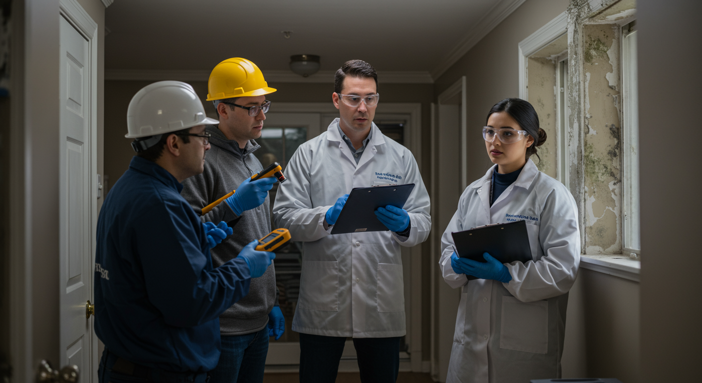 A team of certified mold inspectors examining a home with tools like moisture meters and flashlights. One inspector is pointing to a mold-affected area while explaining the findings to a homeowner.
