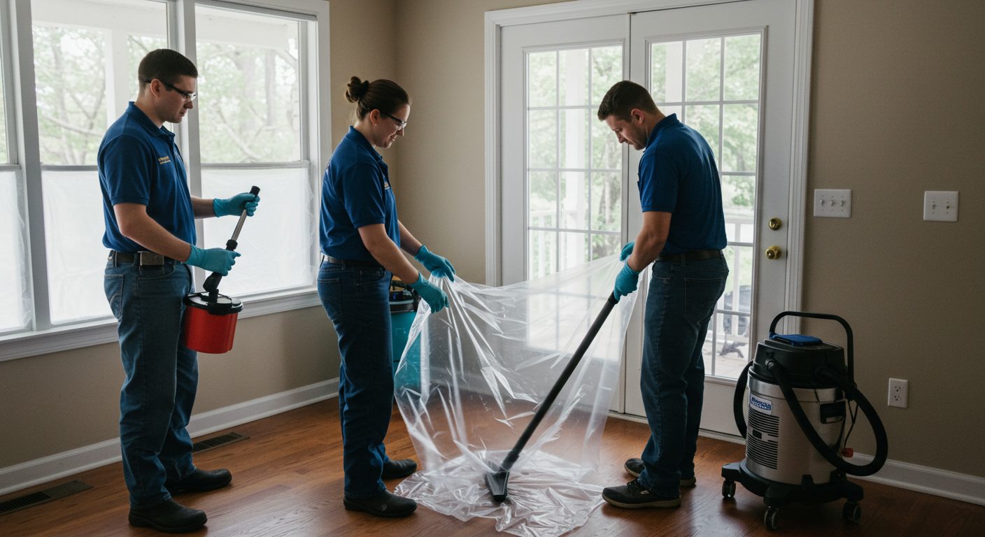 A team of certified mold remediation professionals working together in a home. One person is sealing off an area with plastic sheeting, while another is using a vacuum with a HEPA filter.