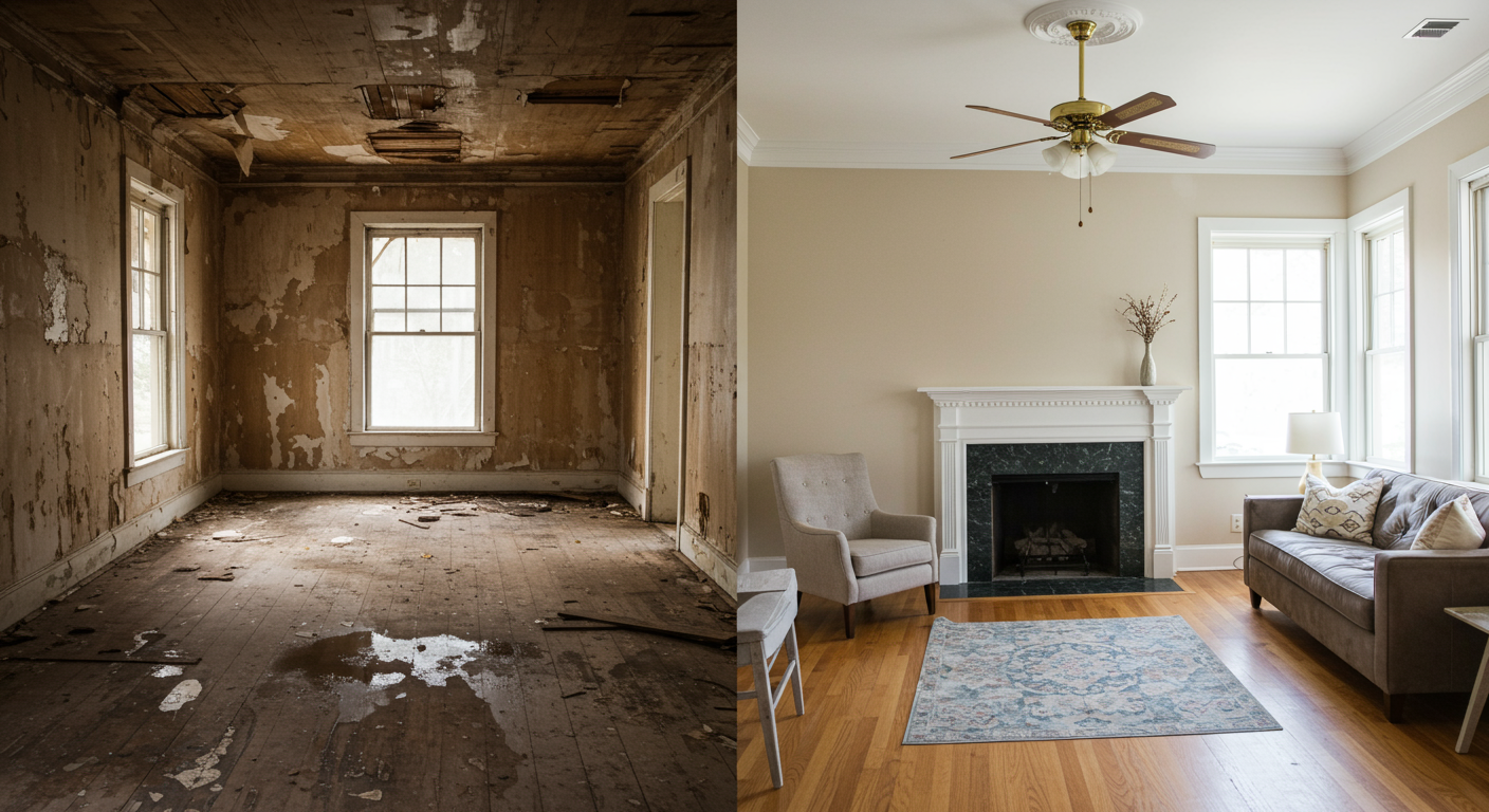 A before-and-after image showing a water-damaged room transformed after professional restoration, highlighting the effectiveness of restoration services.