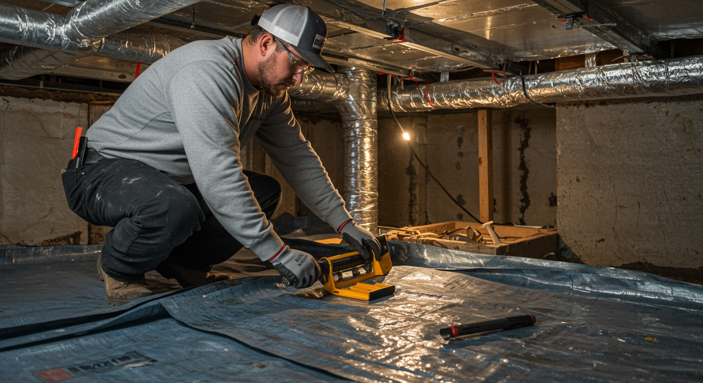 A professional contractor installing a vapor barrier in a crawl space, demonstrating effective repair techniques.