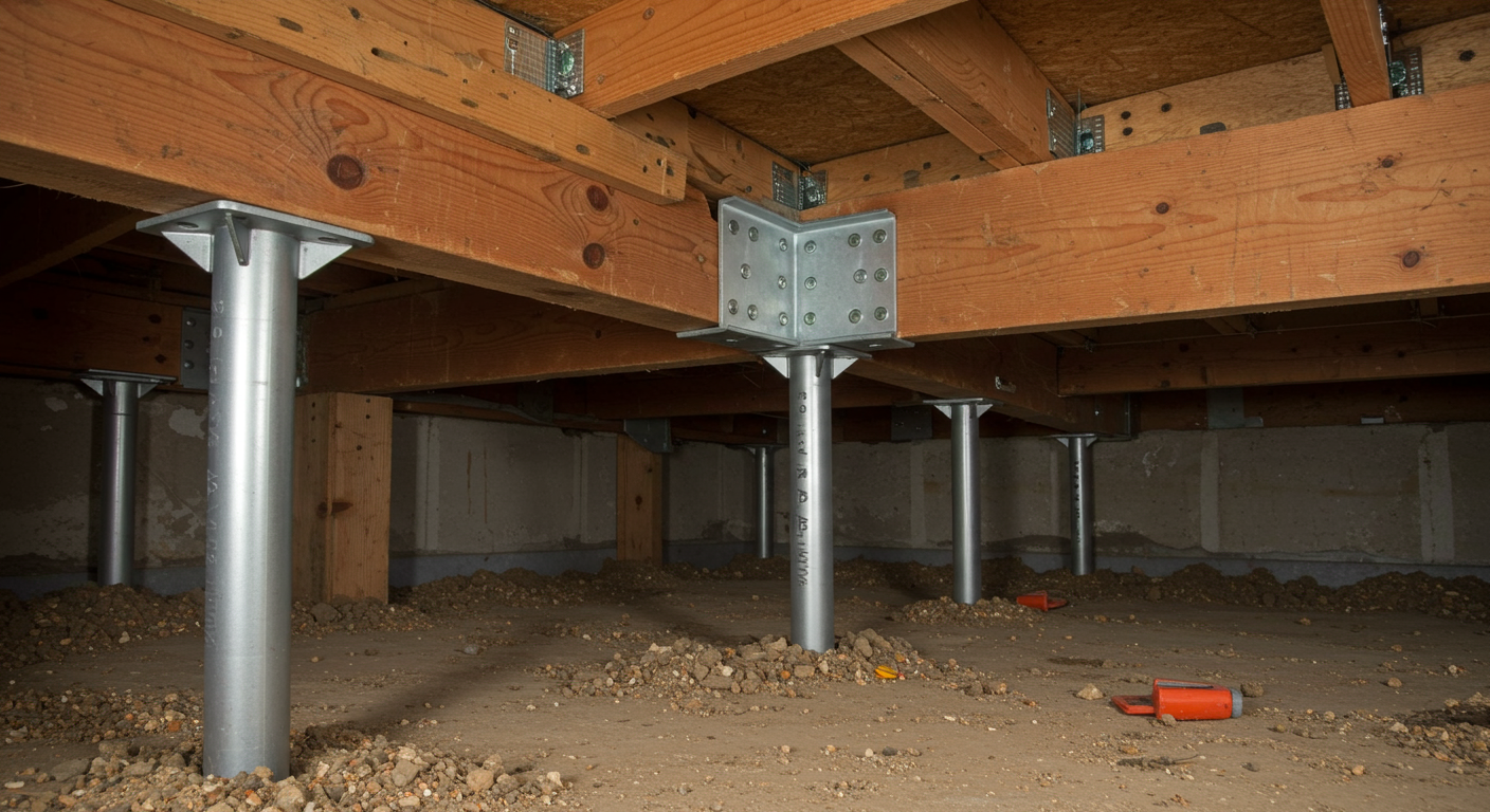 A close-up of advanced support solutions like Intellijack™ being installed in a crawl space. The image focuses on the sturdy supports being placed under the beams, illustrating structural integrity.