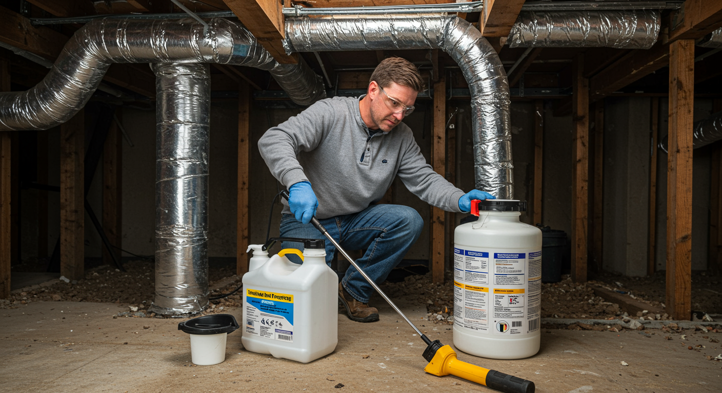 A homeowner applying a mold treatment solution in a crawl space. The image captures the DIY approach to mold remediation with tools and products visible.