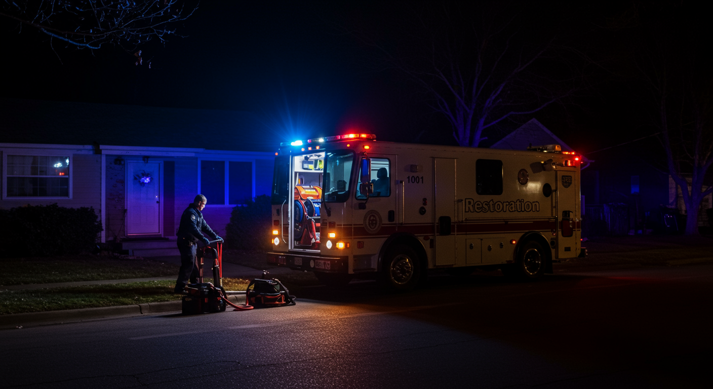 A restoration vehicle parked outside a residential home at night, with flashing lights indicating an emergency response. The technician is seen preparing equipment to enter the home, showcasing readiness and urgency.