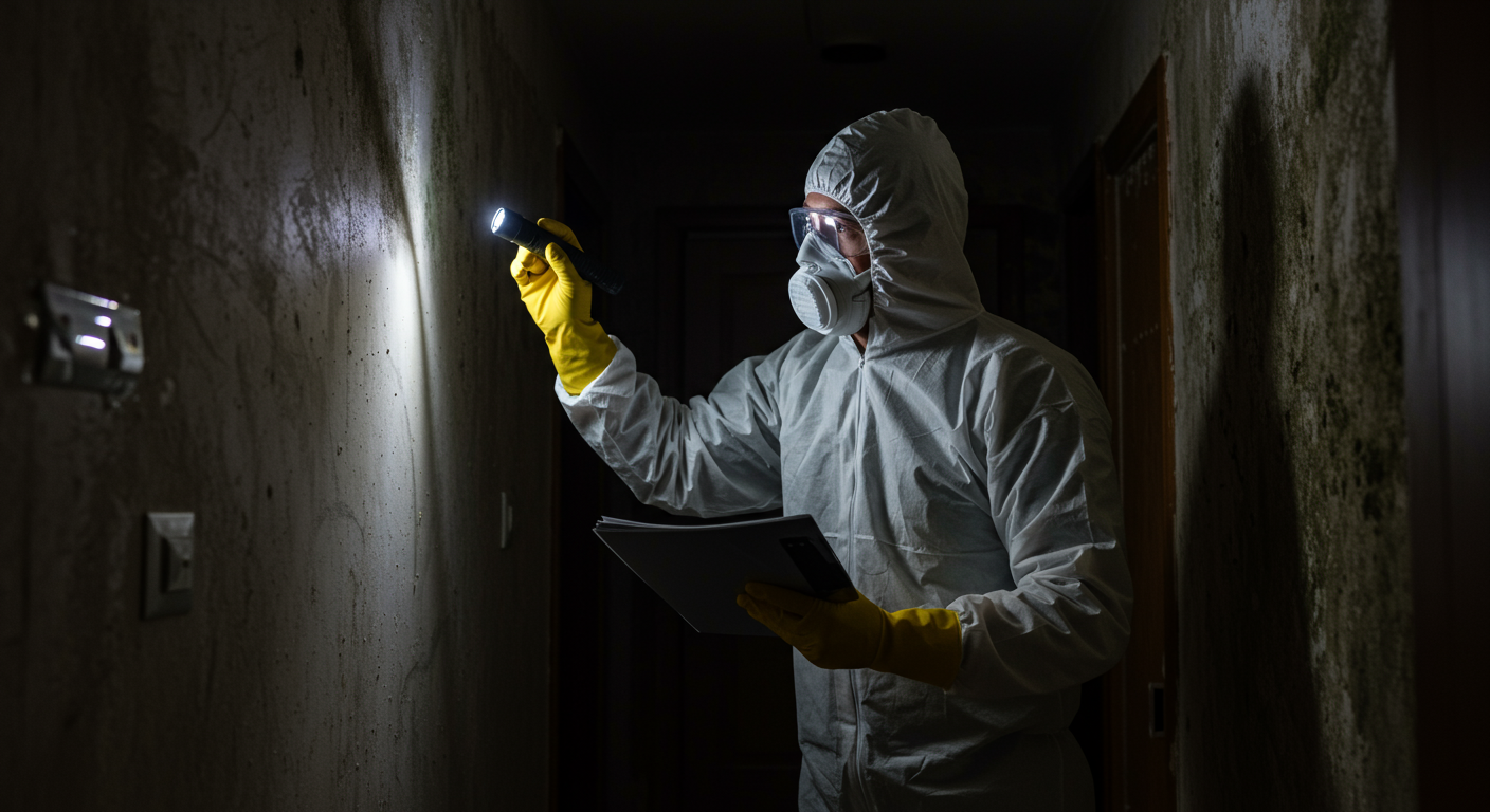 A professional mold removal technician in protective gear inspecting a home for mold.