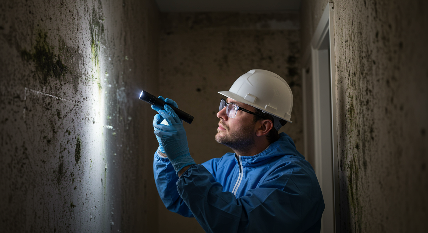 A professional mold inspector examining a wall with a flashlight, highlighting areas of mold growth. The inspector is wearing protective gear, showcasing the seriousness of the task.