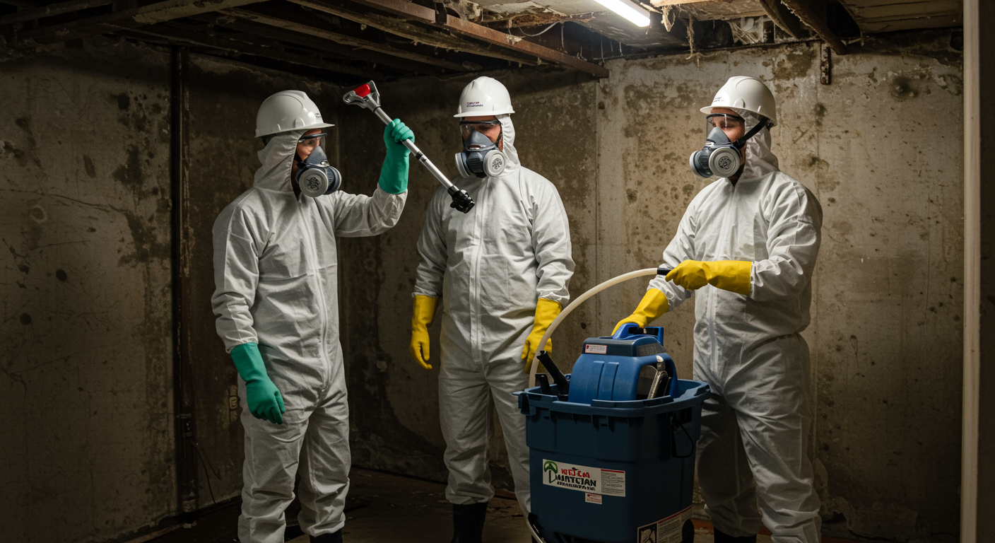 A professional mold remediation team working together to remove mold from a basement. The team is using specialized equipment and protective gear.