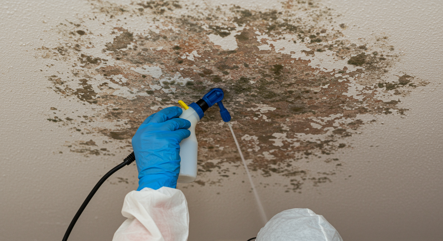 A close-up shot of a ceiling with visible mold patches, showing a person in protective gear applying a mold removal solution. The focus is on the action of treatment.