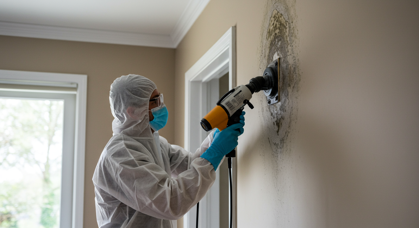 A professional mold remediation technician in protective gear actively removing mold from a wall in a residential setting.