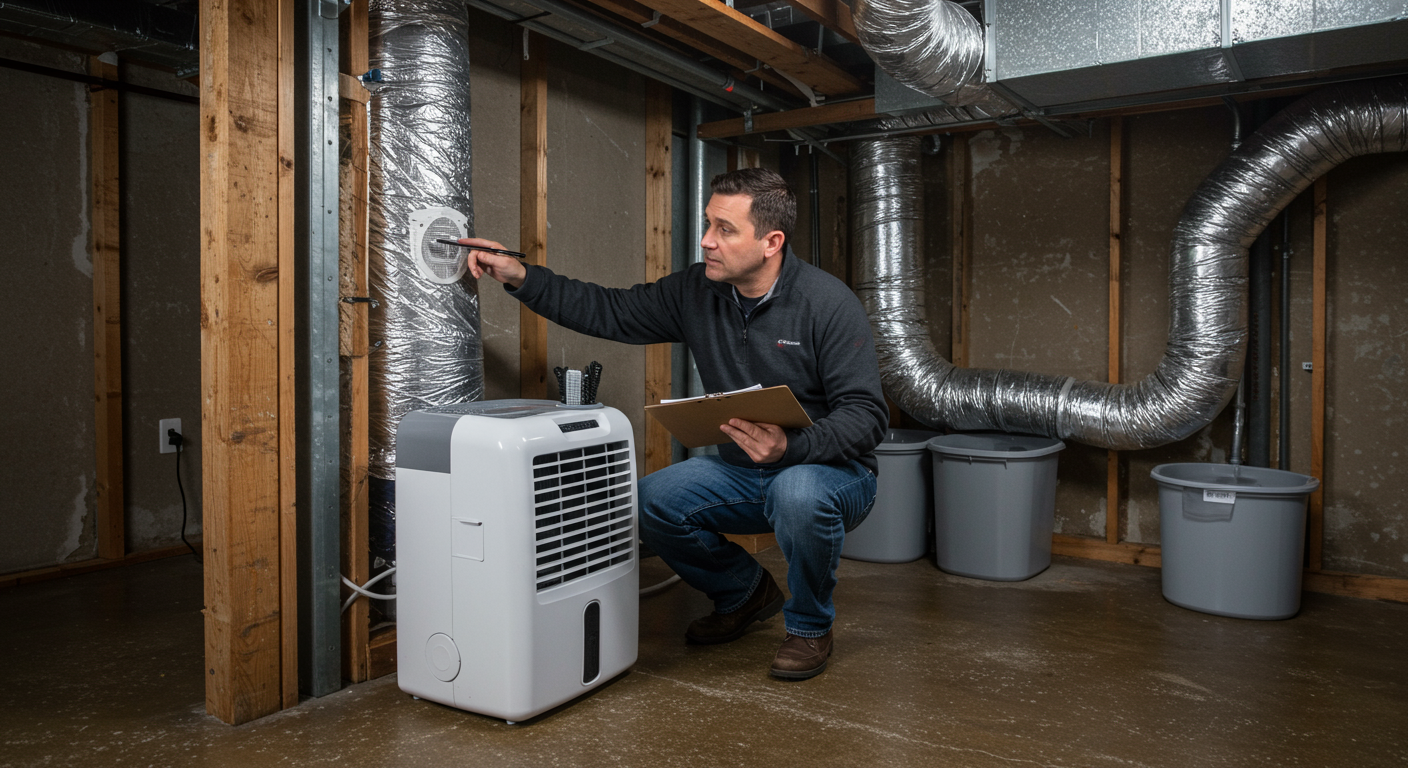 A homeowner inspecting their basement for moisture, with a focus on preventive measures like dehumidifiers and proper ventilation.
