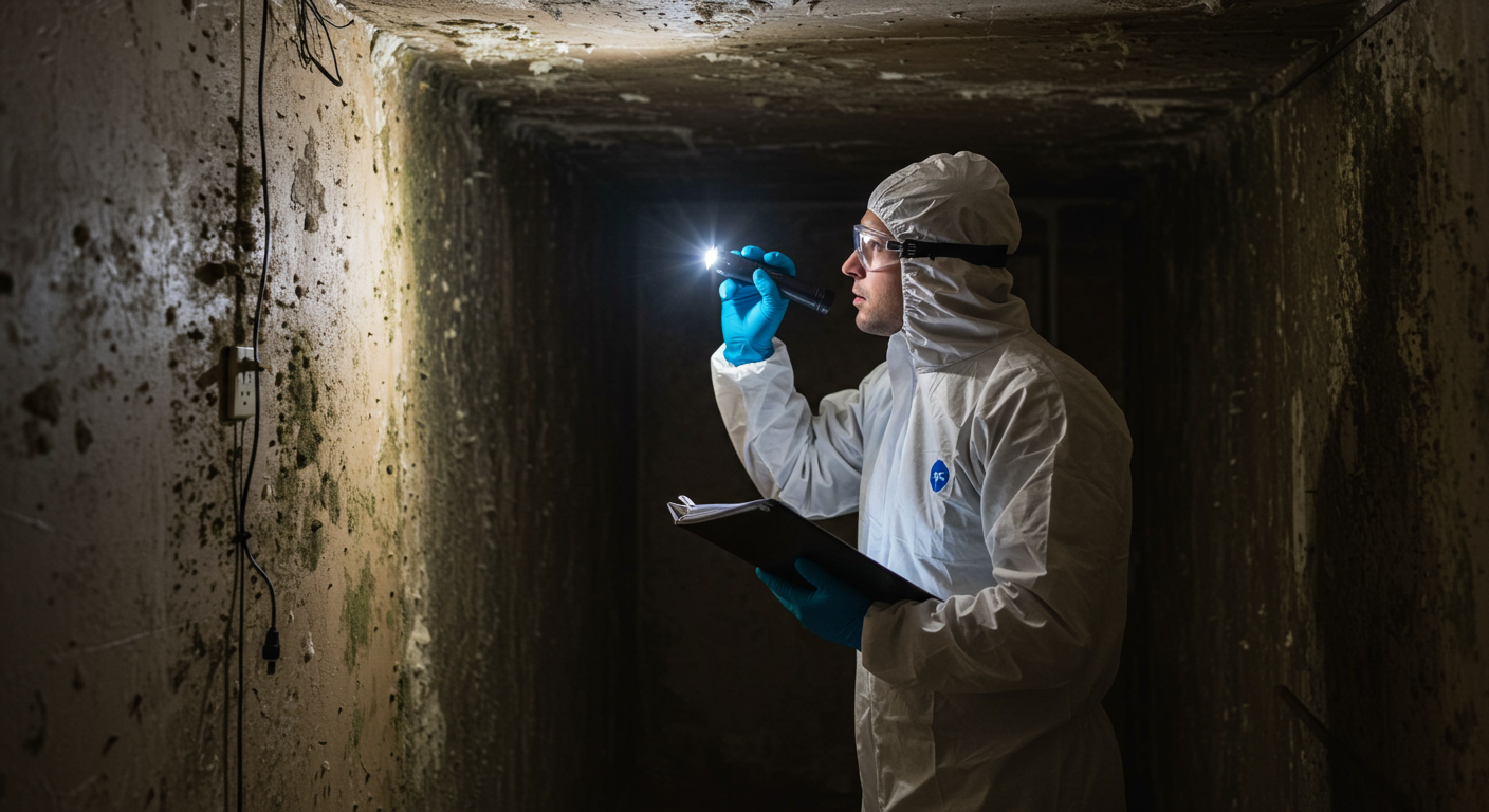 A certified mold inspector in protective gear examining a residential basement for mold growth.