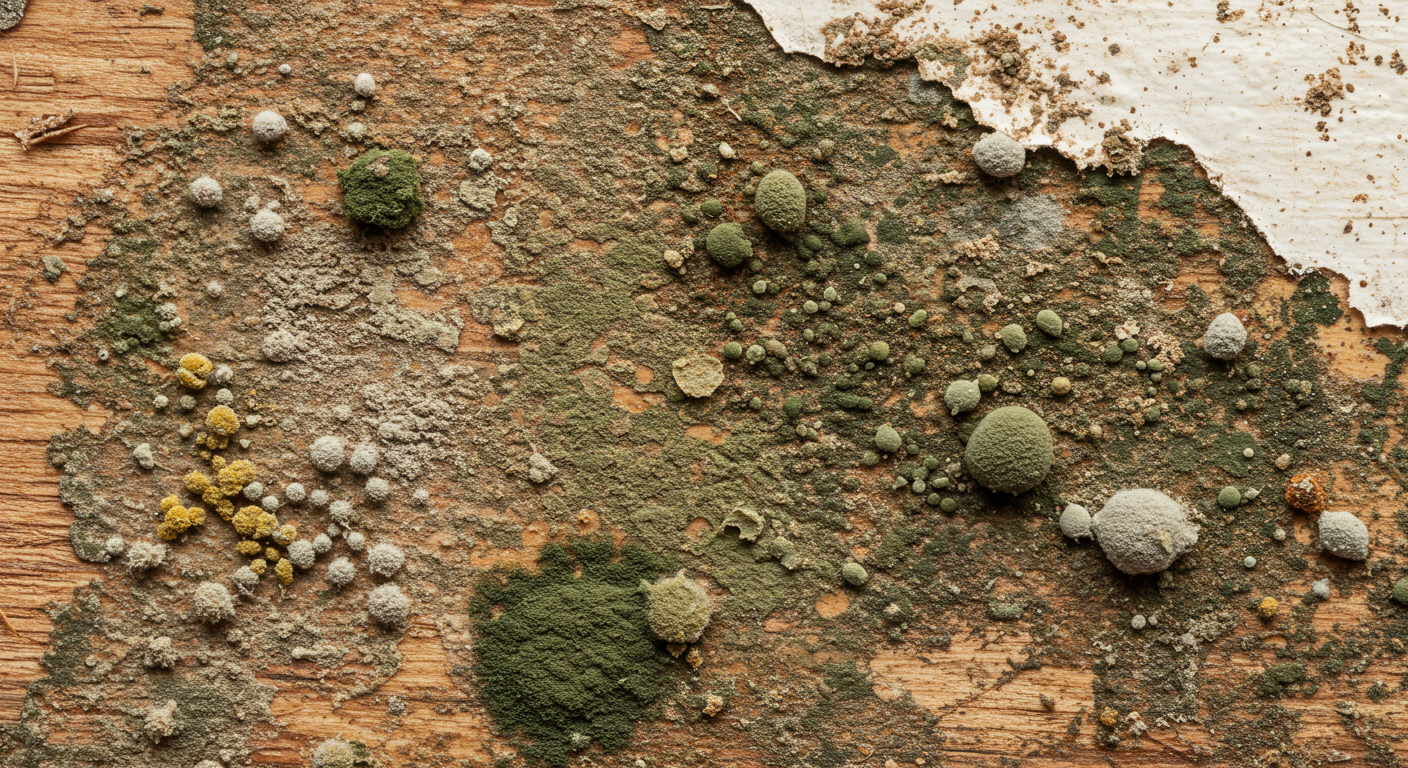 A close-up view of different types of mold found in homes, showcasing their distinct colors and textures on various surfaces like wood and drywall.