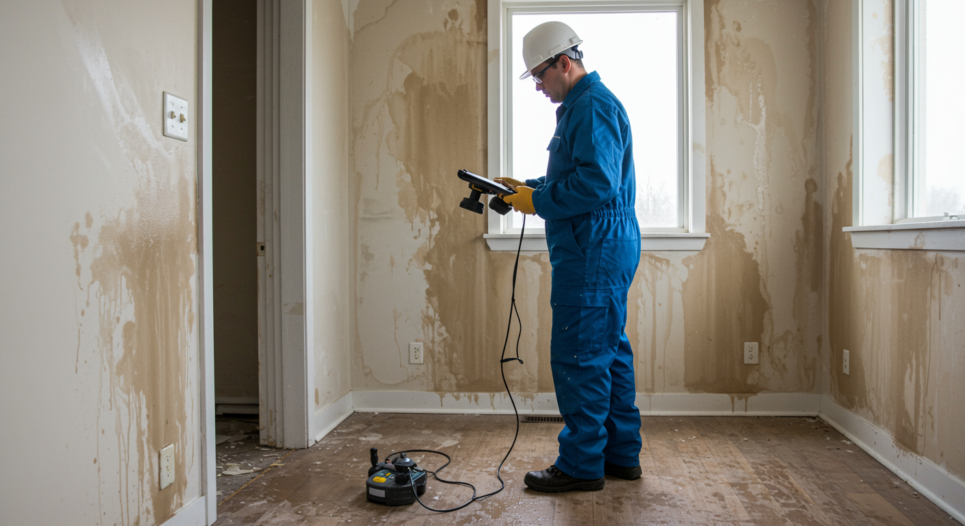 A professional technician assessing water damage in a residential home, using moisture detection equipment. The scene shows water stains on the walls and flooring, highlighting the severity of the damage.