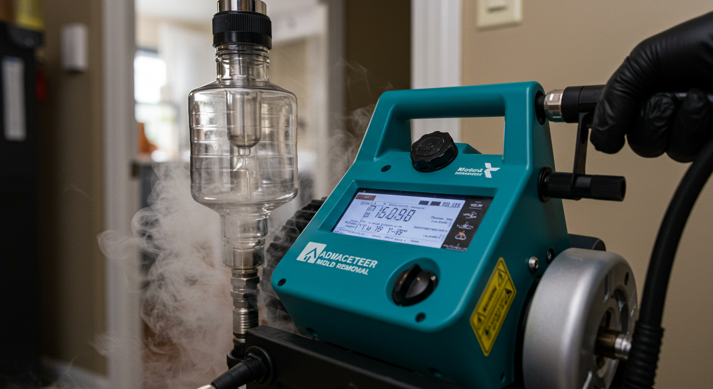 A close-up of advanced mold removal equipment, such as a fogging machine, in a home setting. The focus is on the equipment in use, emphasizing the technology involved in effective mold remediation.