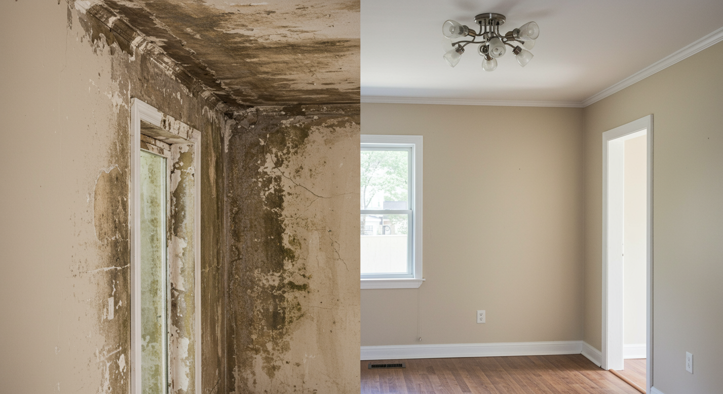 A split image showcasing a wall or ceiling with visible mold damage on one side and the same area completely clean and restored on the other. The background is a typical home interior, highlighting the transformation.