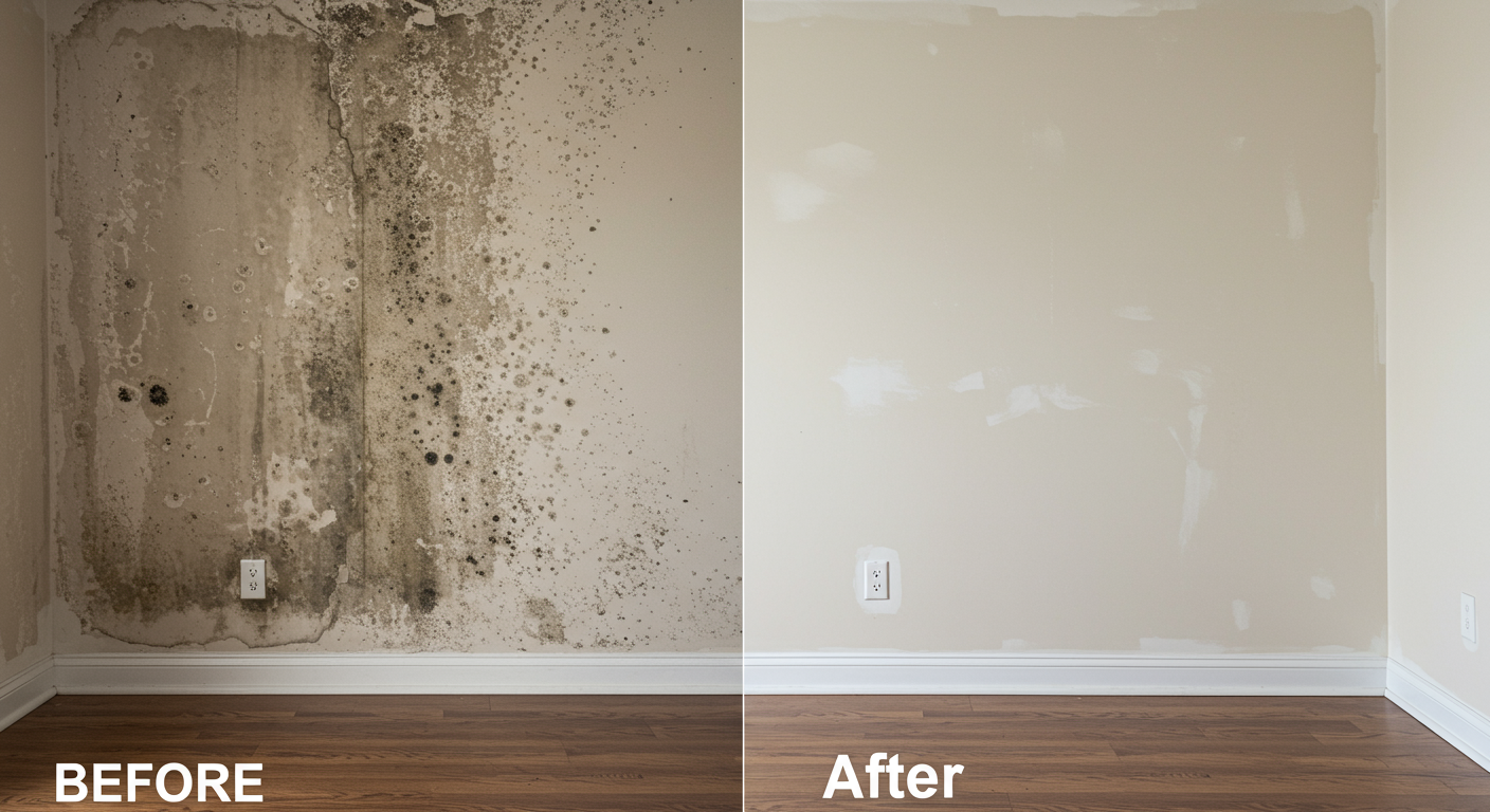 A split-screen image showing a mold-infested wall on one side and the same wall fully restored and clean on the other. The 'before' side features visible black mold spots, while the 'after' side is spotless and freshly painted. The setting is a typical Houston home interior.