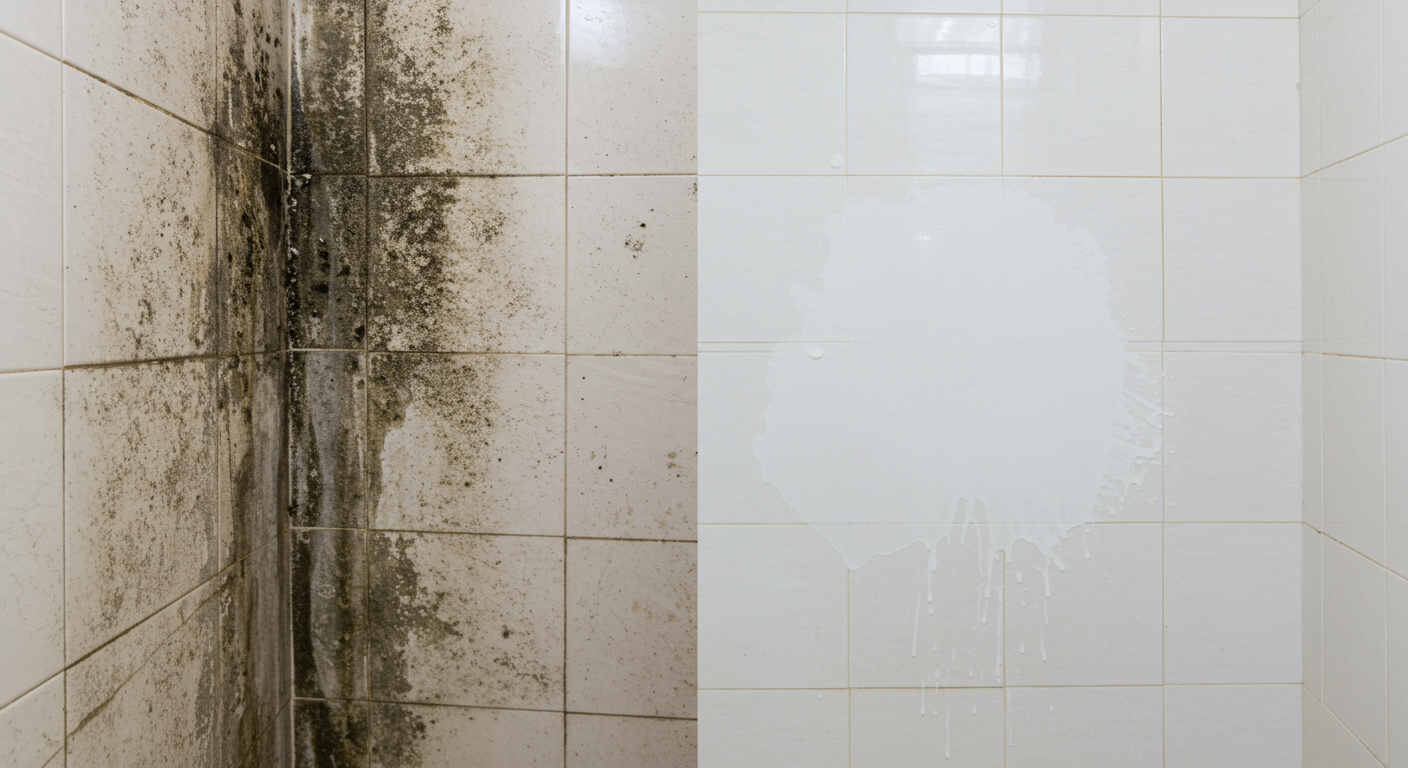 A split-screen image showing a mold-infested bathroom wall on one side and the same wall completely cleaned and restored on the other side. The restored side looks fresh, with a clean white surface and no signs of mold or damage.