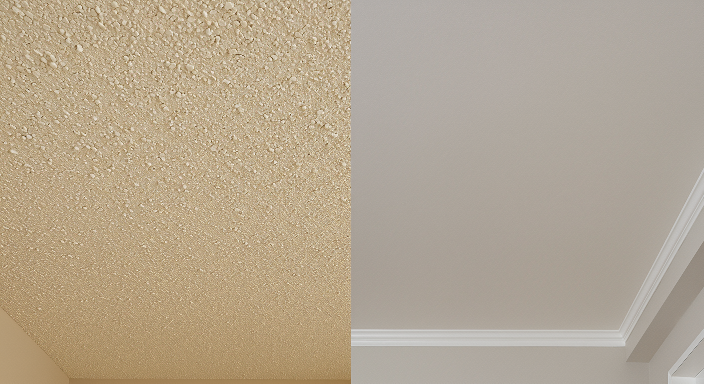 A split image showcasing a popcorn ceiling on one side and a smooth, freshly painted ceiling on the other. The transition highlights the aesthetic improvement post-removal.