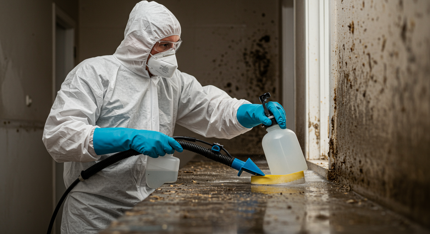 A technician in protective gear using specialized cleaning equipment to sanitize a mold-affected surface. The image shows the cleaning solution being applied to the surface.