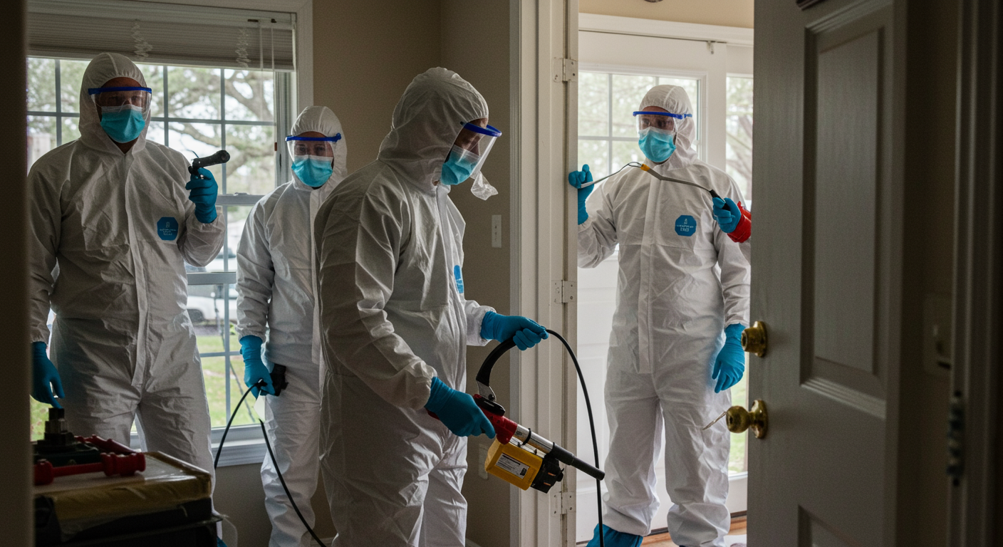 A team of mold remediation professionals actively working in a home, wearing protective suits and using specialized tools to remove mold. The background includes a visible Pearland, TX landmark through a window or door to localize the setting.