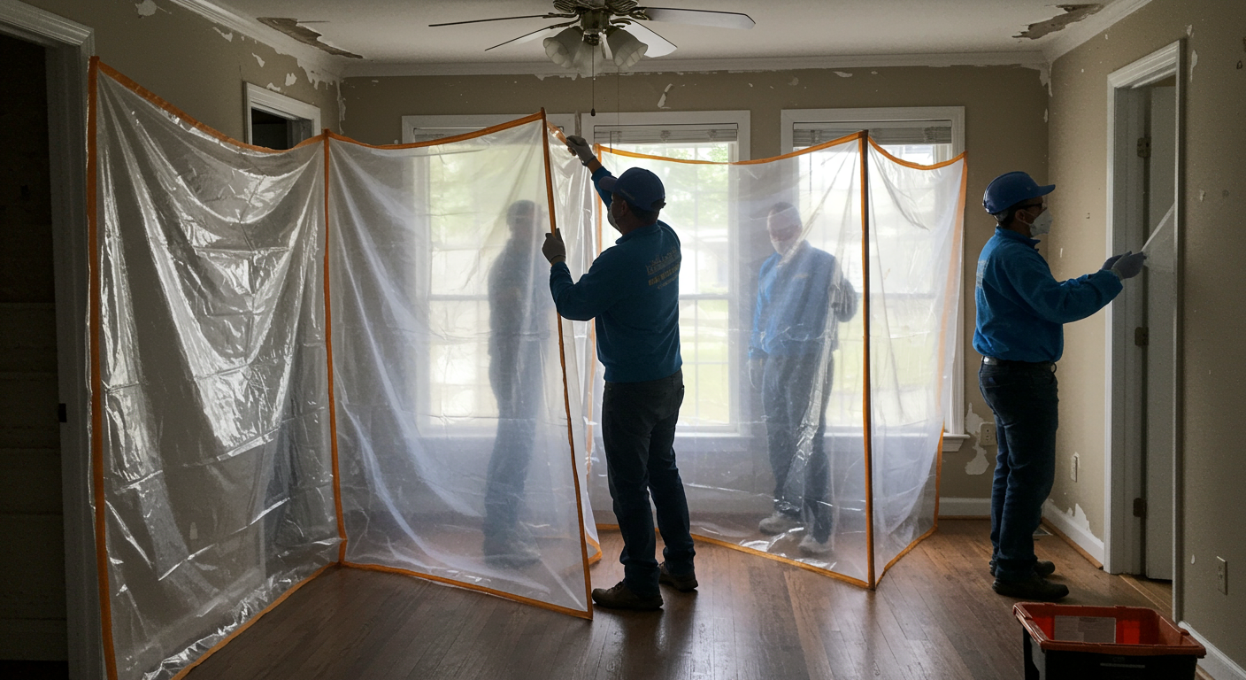 A team of professionals setting up plastic containment barriers in a mold-affected area of a Houston home. The image highlights the safety measures taken during the remediation process.
