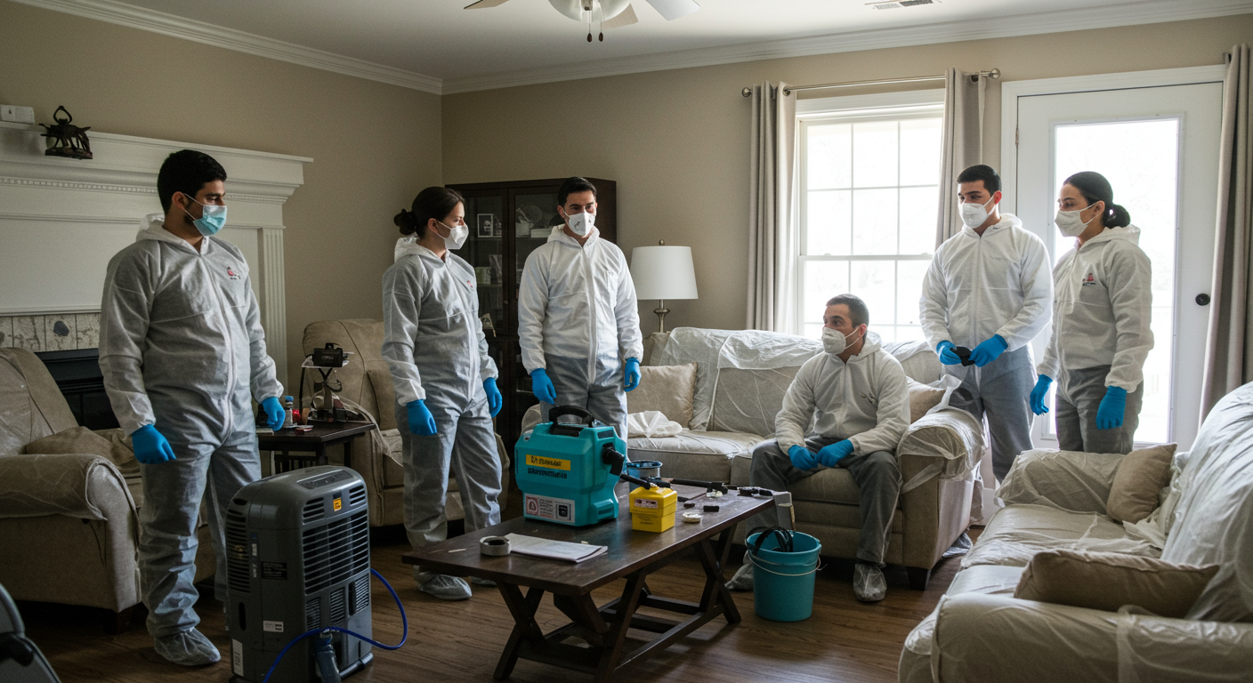 A team of mold remediation experts working together in a Beaumont, TX home, using advanced equipment like air scrubbers and dehumidifiers. The setting is a living room with furniture covered in protective sheets, showcasing a professional and organized approach.